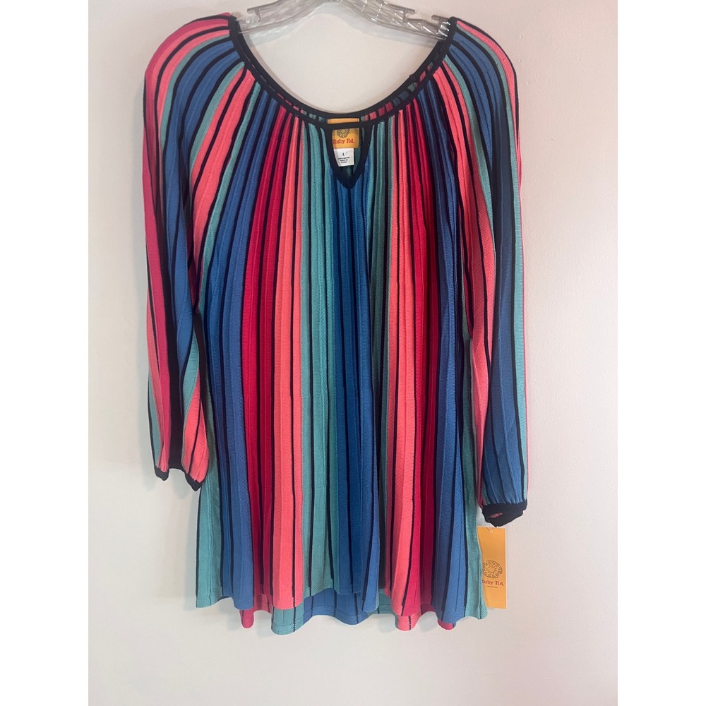 Ruby Rd Tapestry Traveler Jo Striped Knit Top Blue Pink Teal Size L 35561 JO